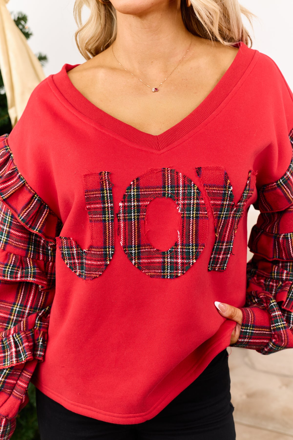 Red Plaid Ruffle Sleeve 'Joy' Patchwork Sweatshirt