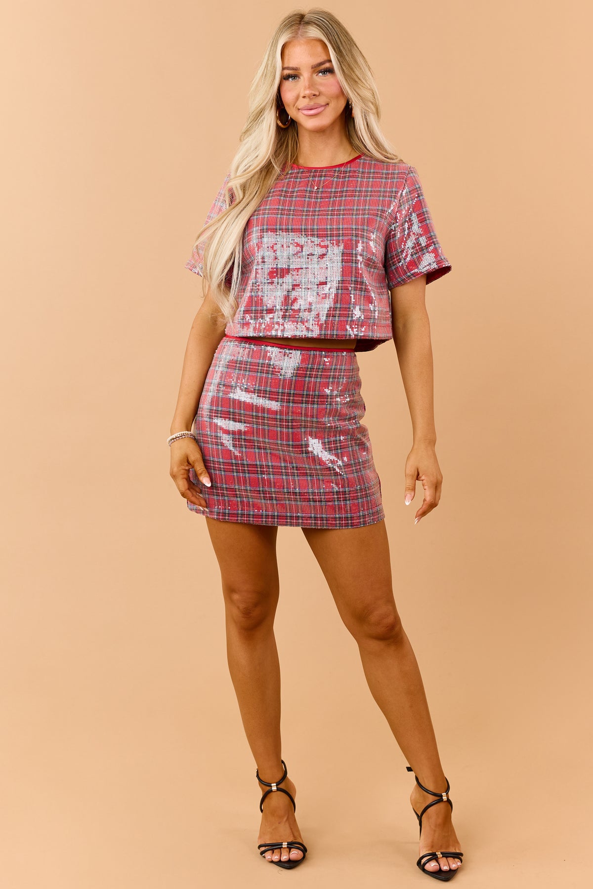 Red Plaid Sequined Contrast Piping Mini Skirt