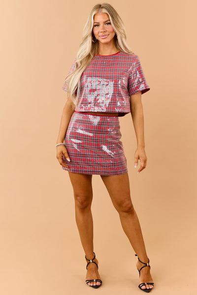 Red Plaid Sequined Contrast Piping Mini Skirt