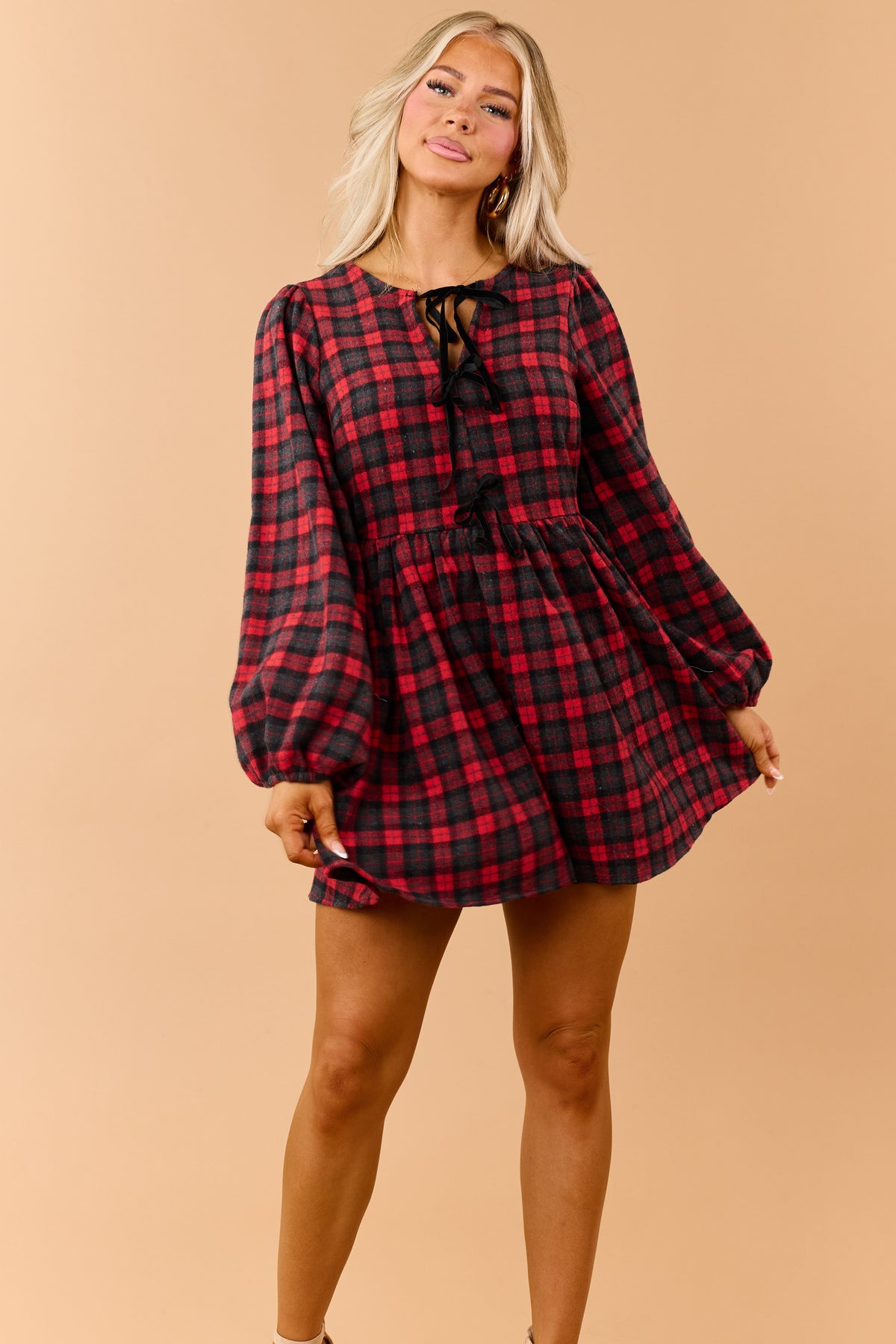 Red Plaid Velvet Ribbon Tie A-Line Mini Dress