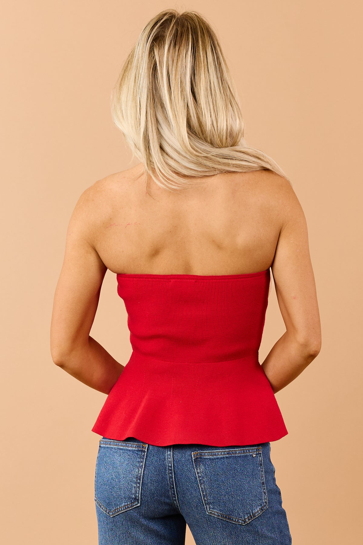 Red Rib Knit Buttoned Strapless Peplum Top