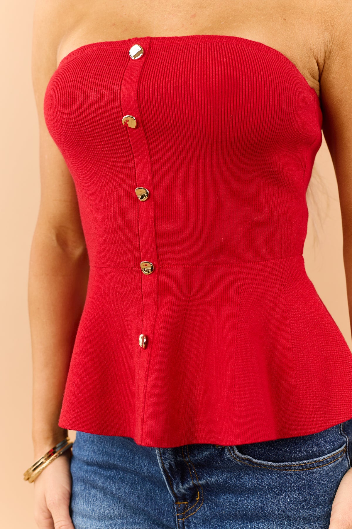 Red Rib Knit Buttoned Strapless Peplum Top