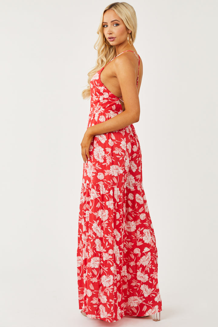 Red Sleeveless Floral Print Flare Leg Jumpsuit