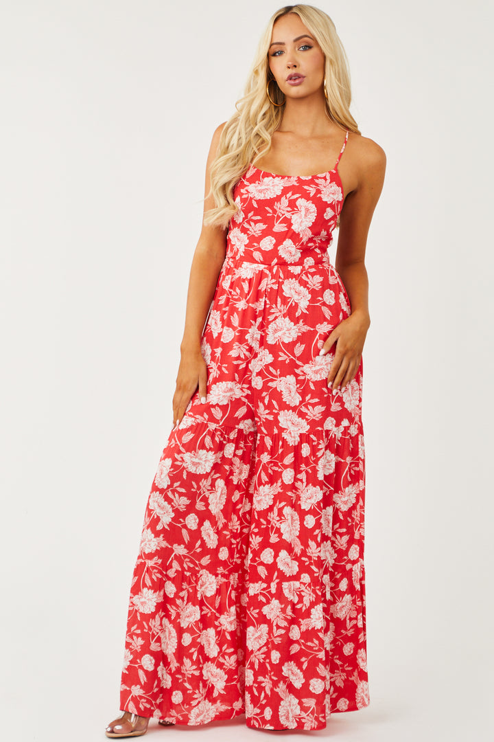 Red Sleeveless Floral Print Flare Leg Jumpsuit
