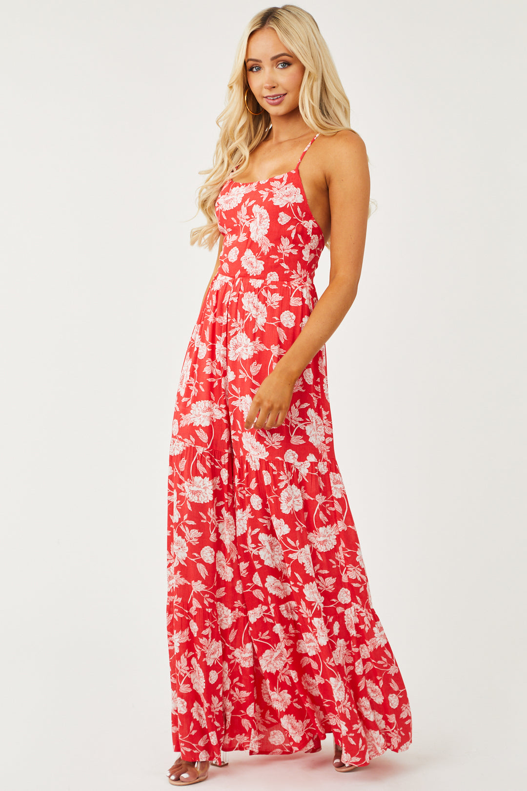 Red Sleeveless Floral Print Flare Leg Jumpsuit & Lime Lush