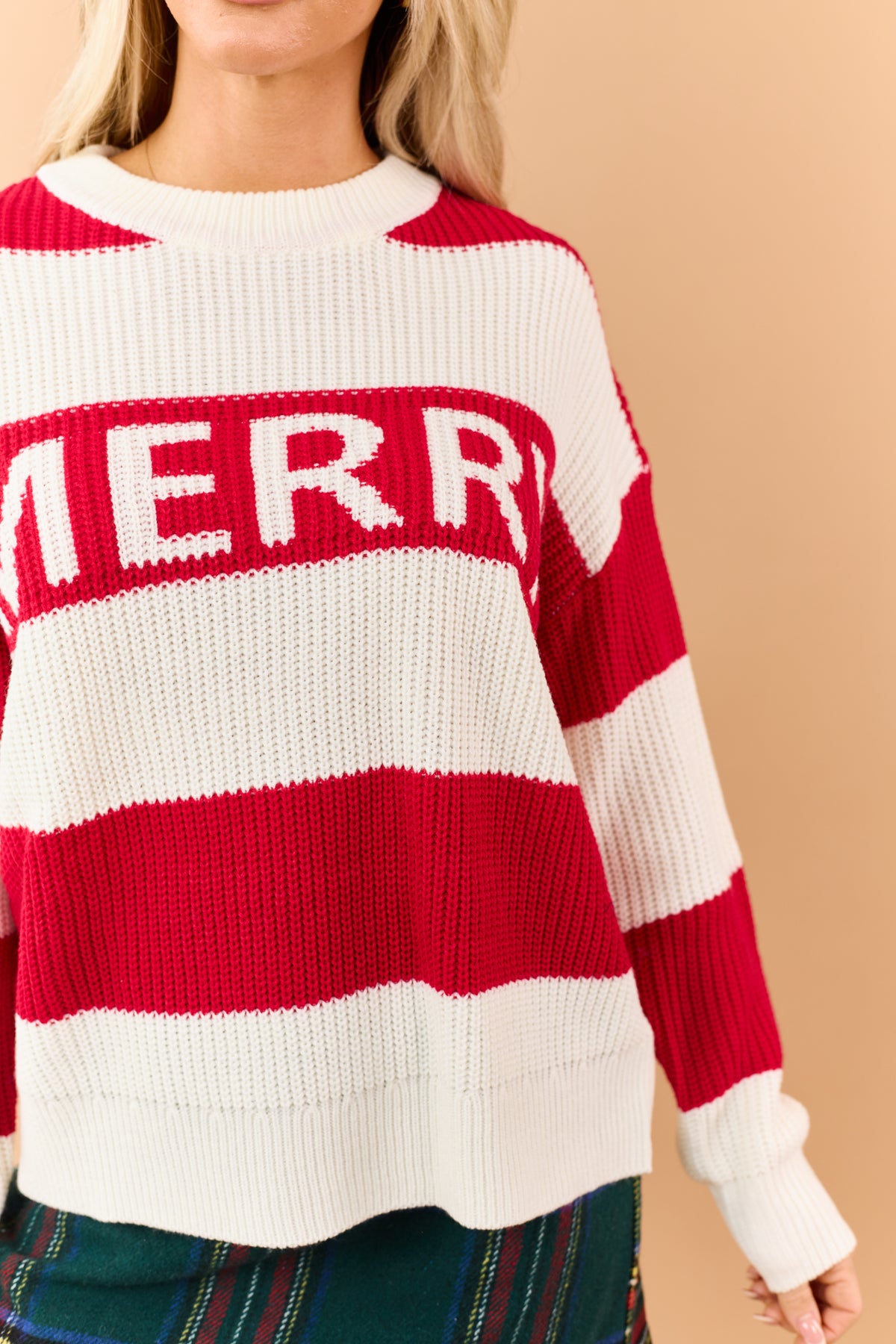 Red Striped 'Merry' Lettering Rib Knit Sweater