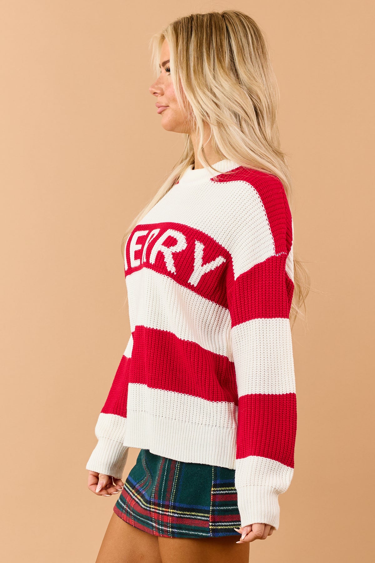 Red Striped 'Merry' Lettering Rib Knit Sweater