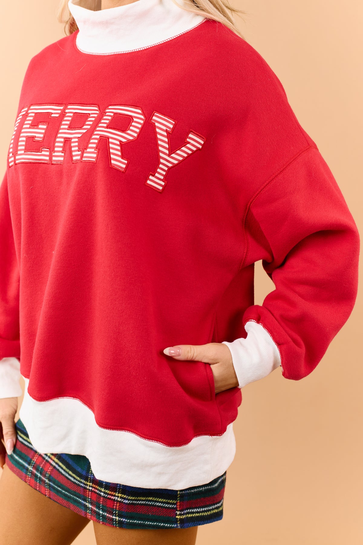 Red 'Merry' Patch Graphic Contrast Trim Sweatshirt