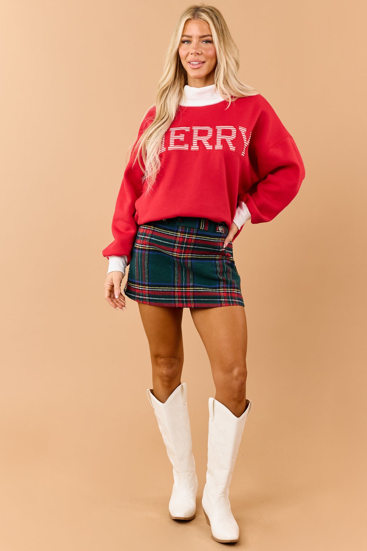 Red 'Merry' Patch Graphic Contrast Trim Sweatshirt