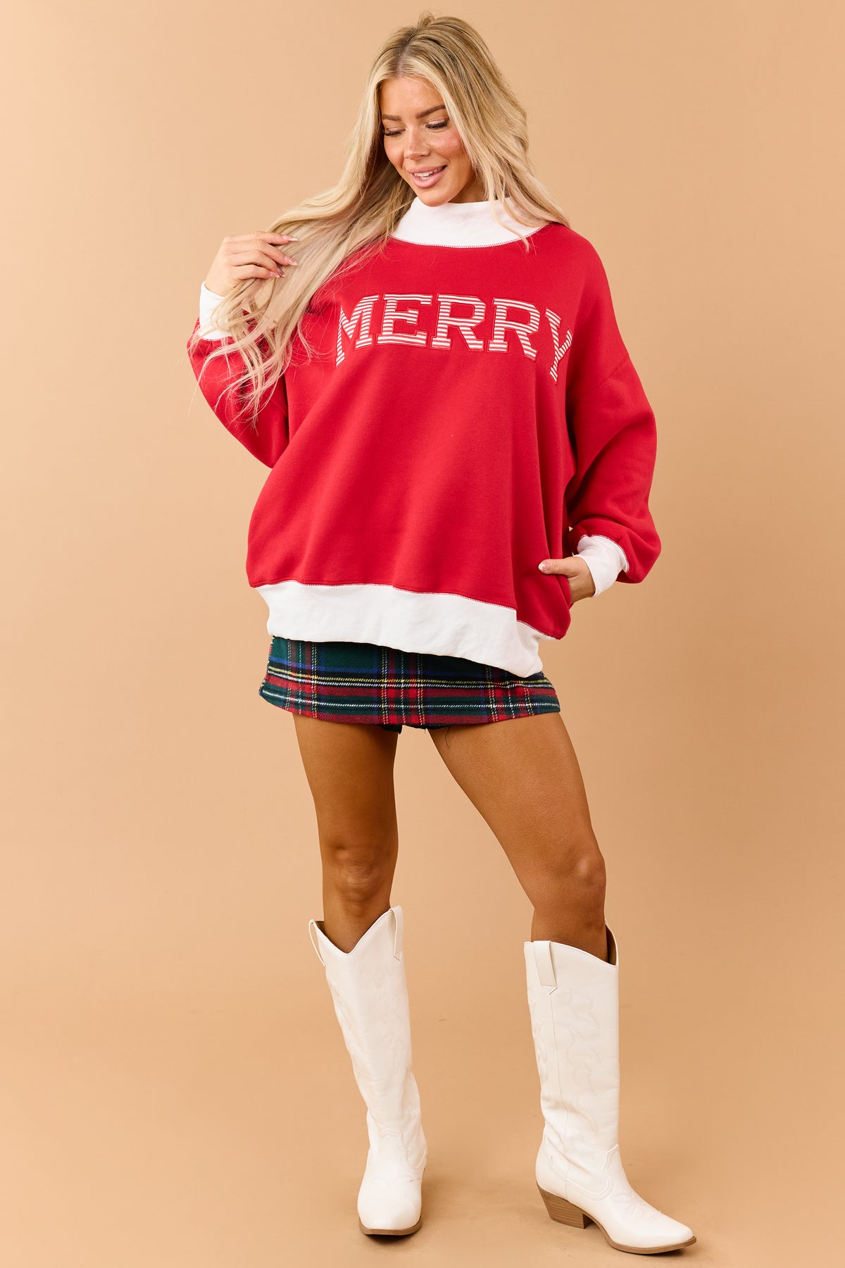 Red 'Merry' Patch Graphic Contrast Trim Sweatshirt