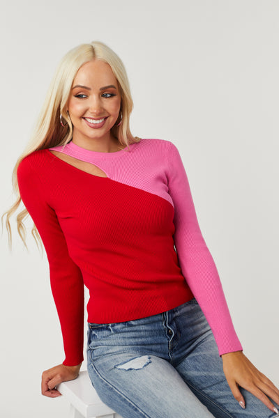 Red and Bubblegum Asymmetrical Sweater