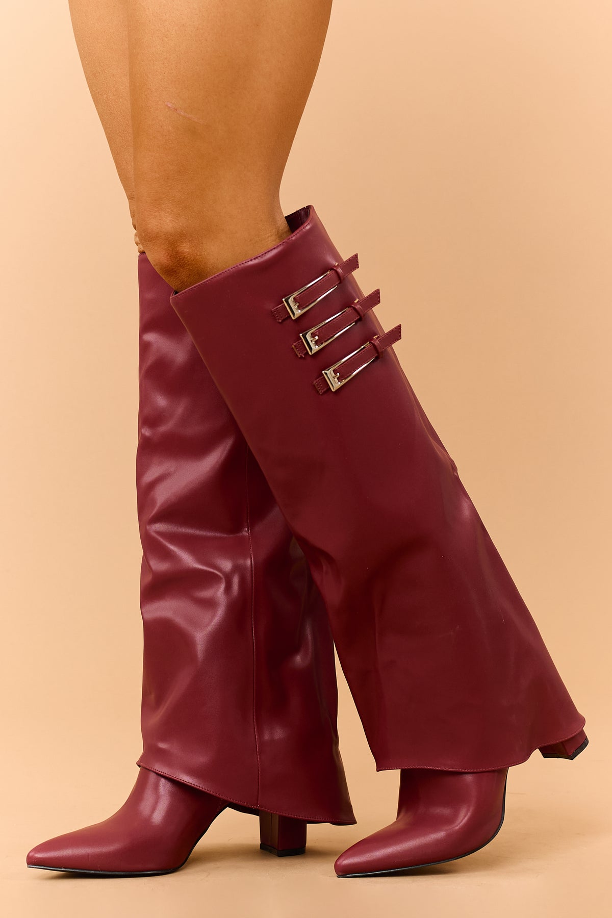 Red Faux Leather Fold Over Buckled Heeled Boots