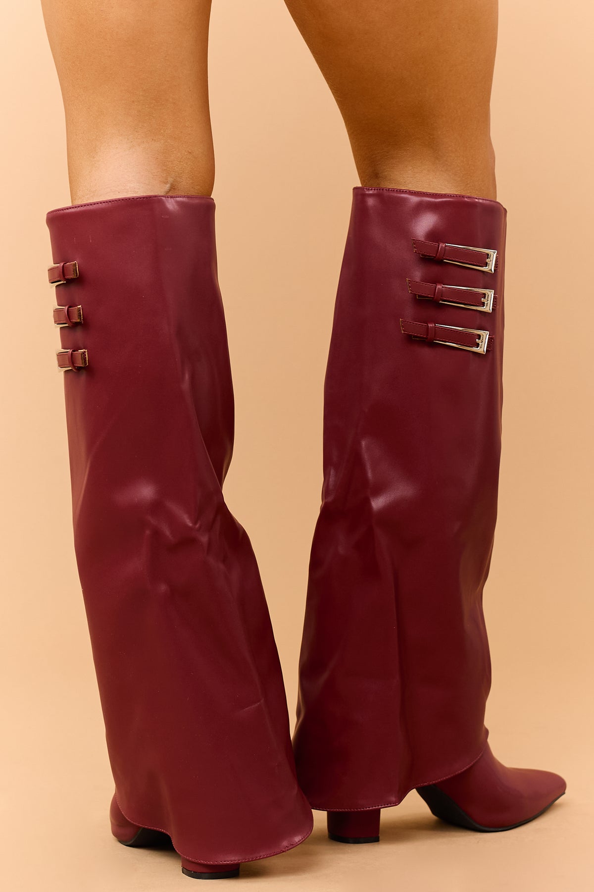 Red Faux Leather Fold Over Buckled Heeled Boots