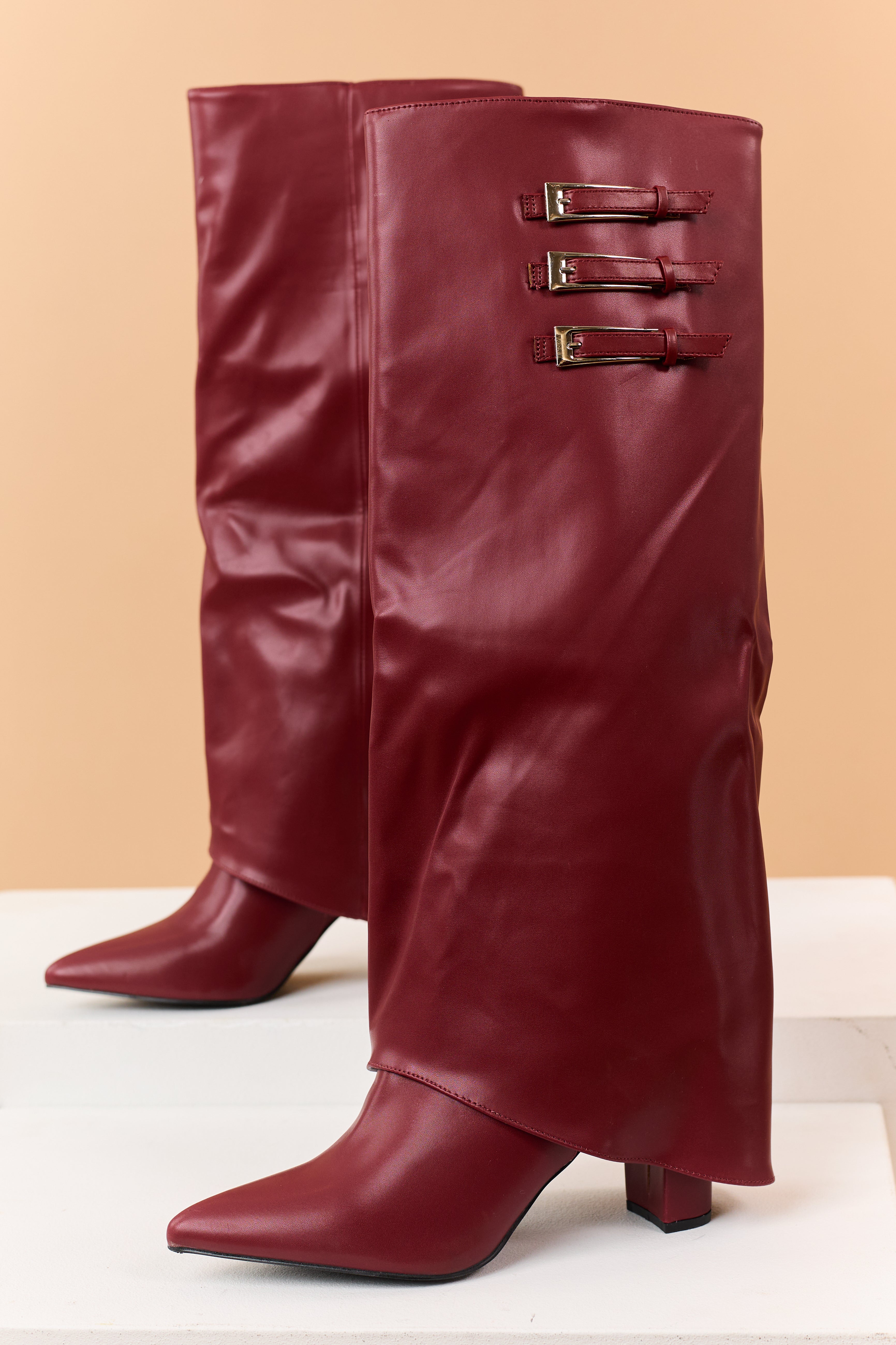 Red Faux Leather Fold Over Buckled Heeled Boots | Lime Lush Boutique