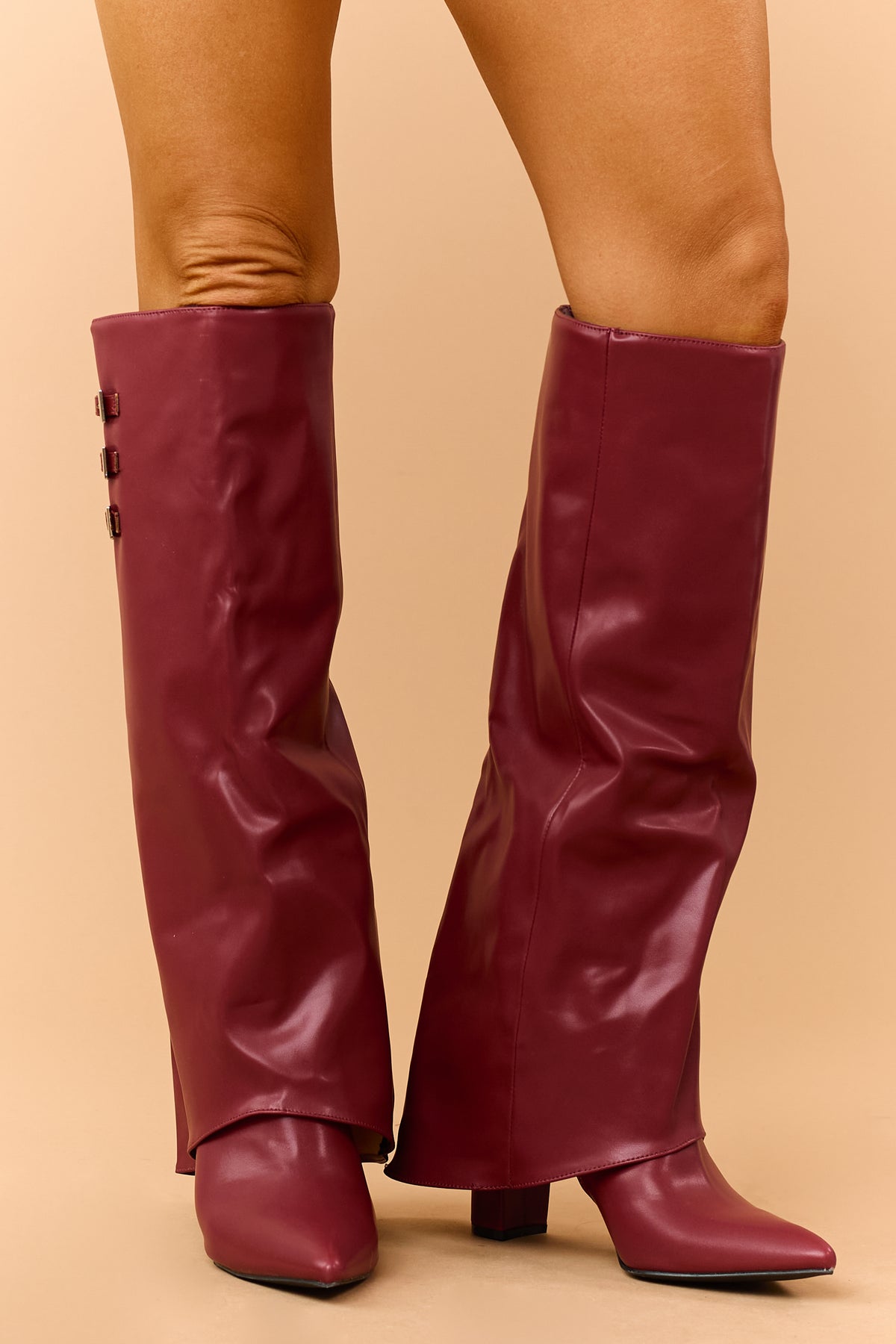 Red Faux Leather Fold Over Buckled Heeled Boots