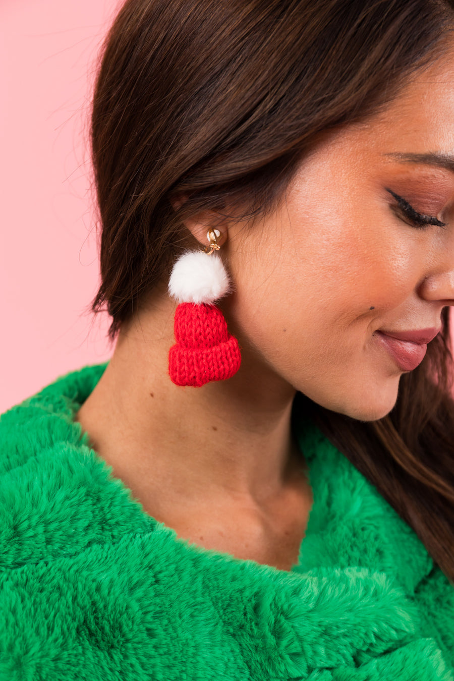 Red Knit Santa Hat Clip On Earrings