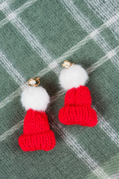 Red Knit Santa Hat Clip On Earrings