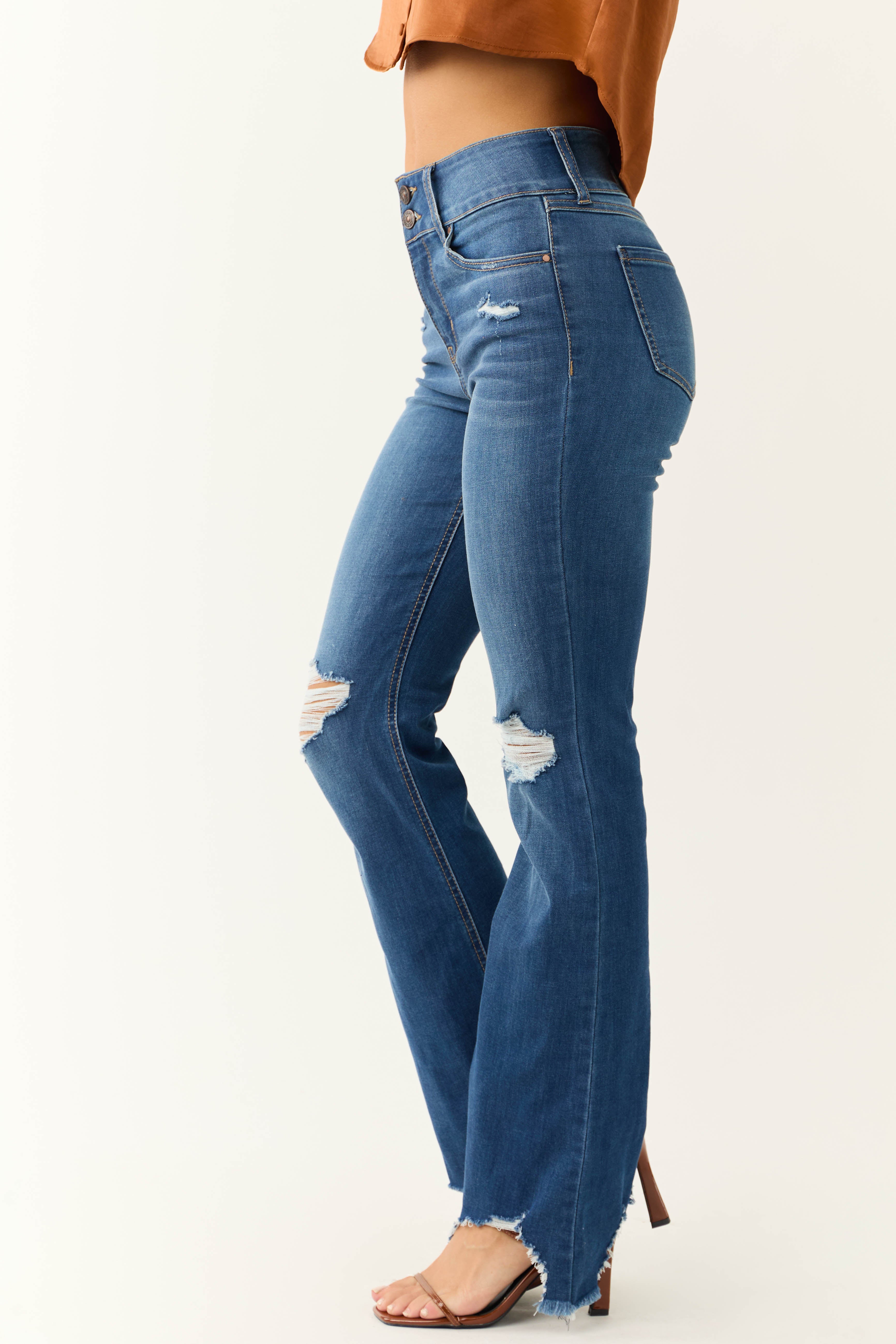 Rewash Medium Wash Fit and Flare Torn Hem Jeans