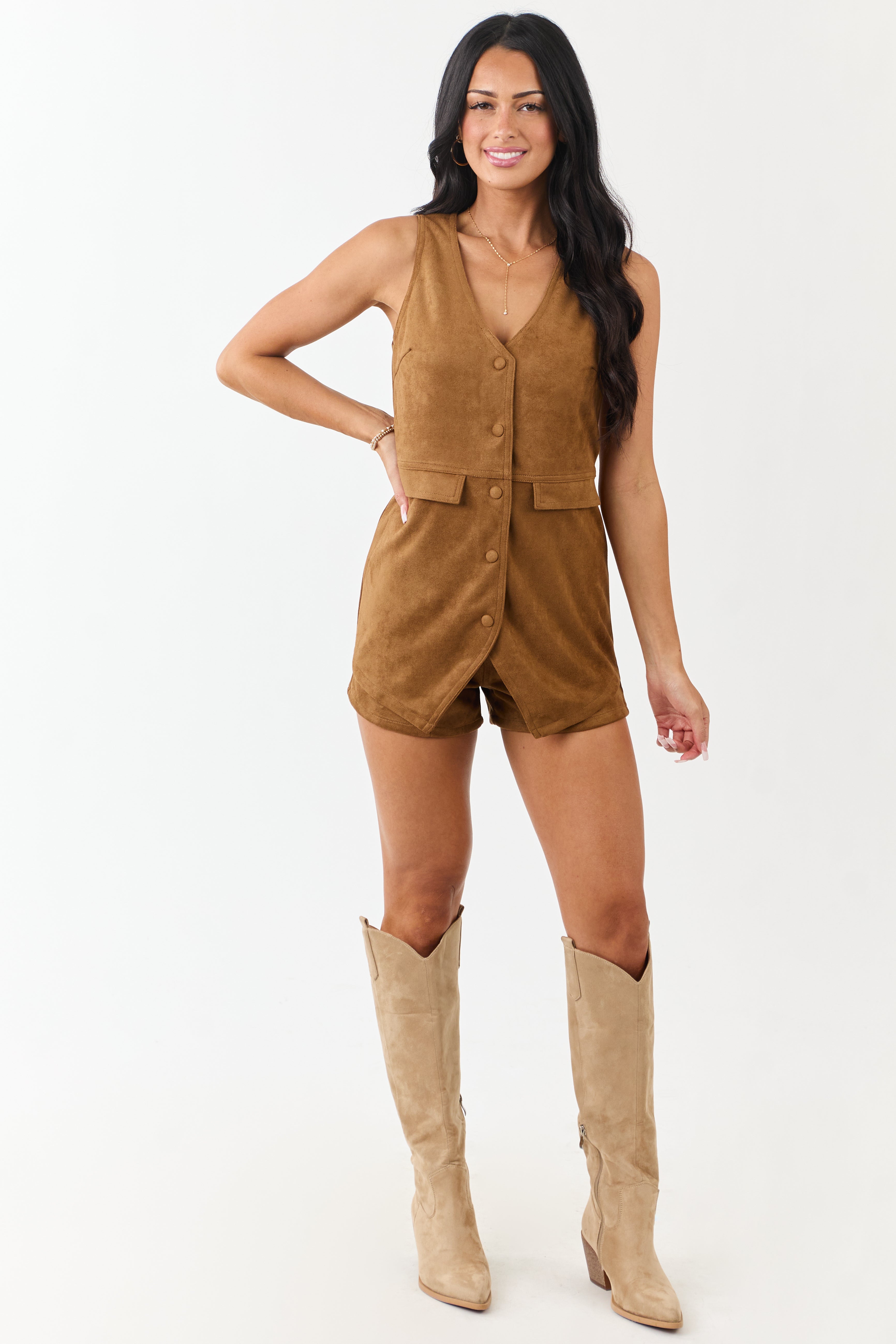 Rich Brown Sugar Faux Suede Vest Style Romper