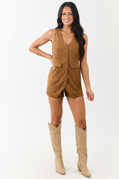 Rich Brown Sugar Faux Suede Vest Style Romper