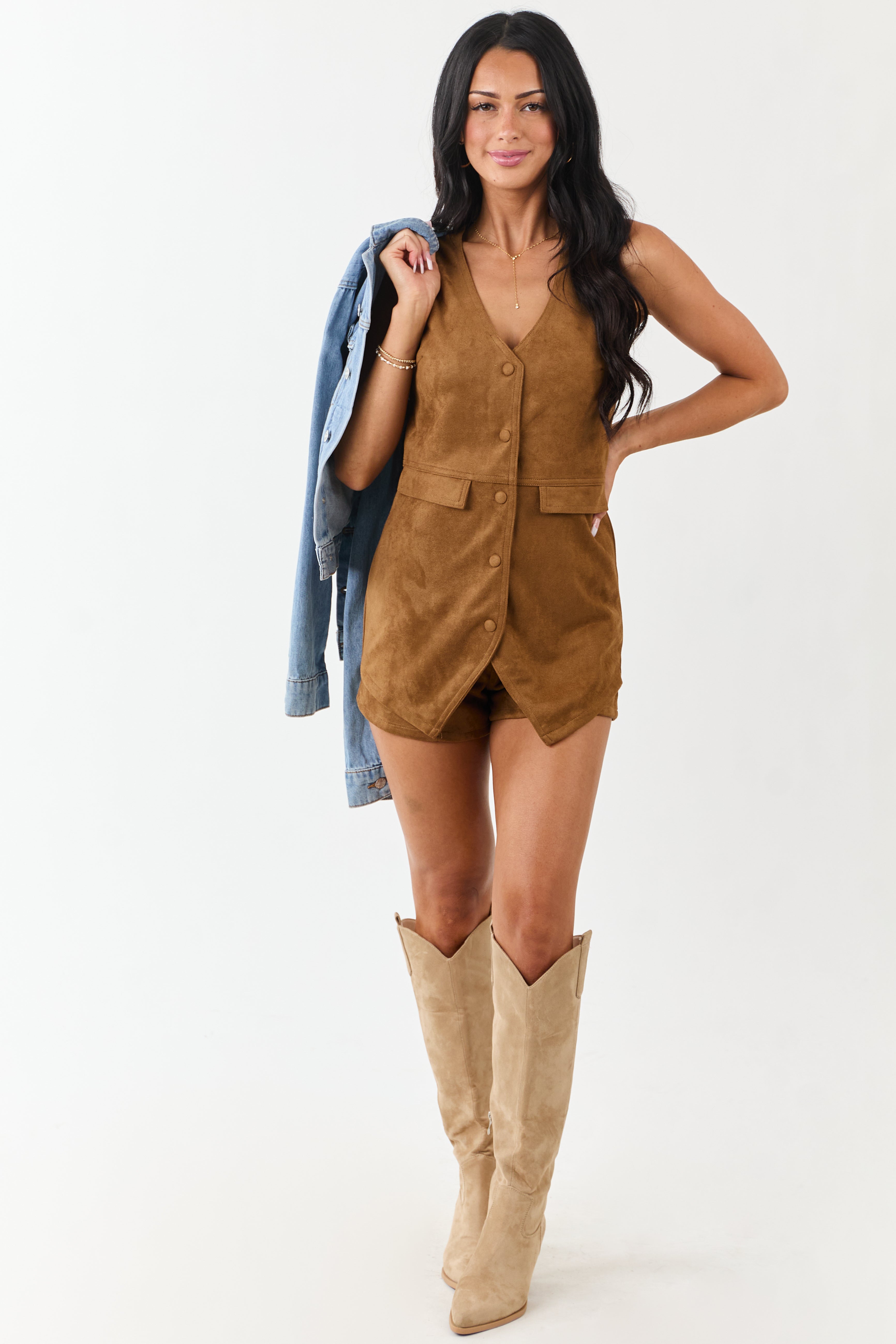Rich Brown Sugar Faux Suede Vest Style Romper