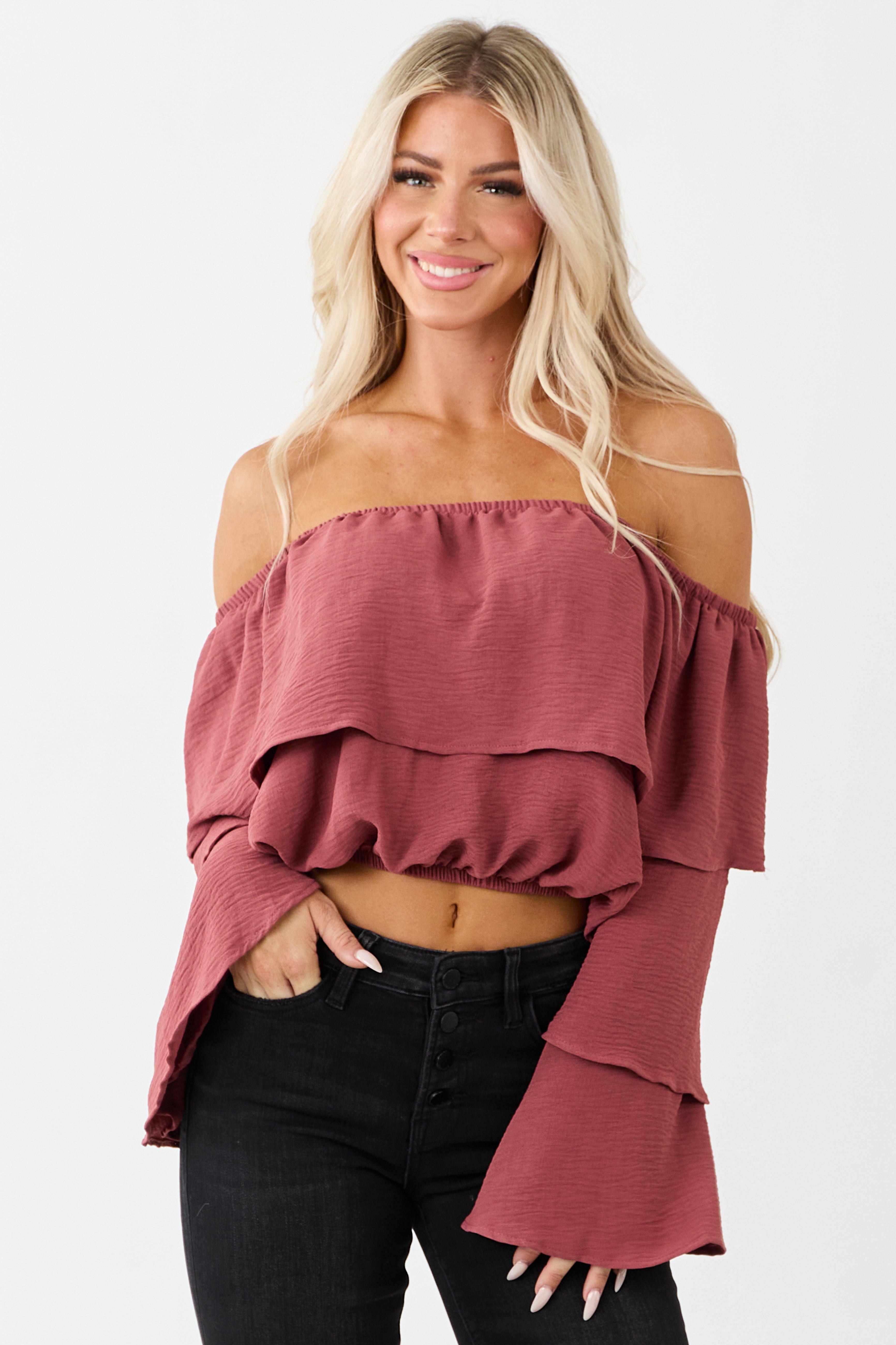 Rich Marsala Off Shoulder Tiered Sleeve Blouse | Lime Lush Boutique