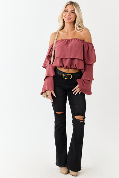 Rich Marsala Off Shoulder Tiered Sleeve Blouse