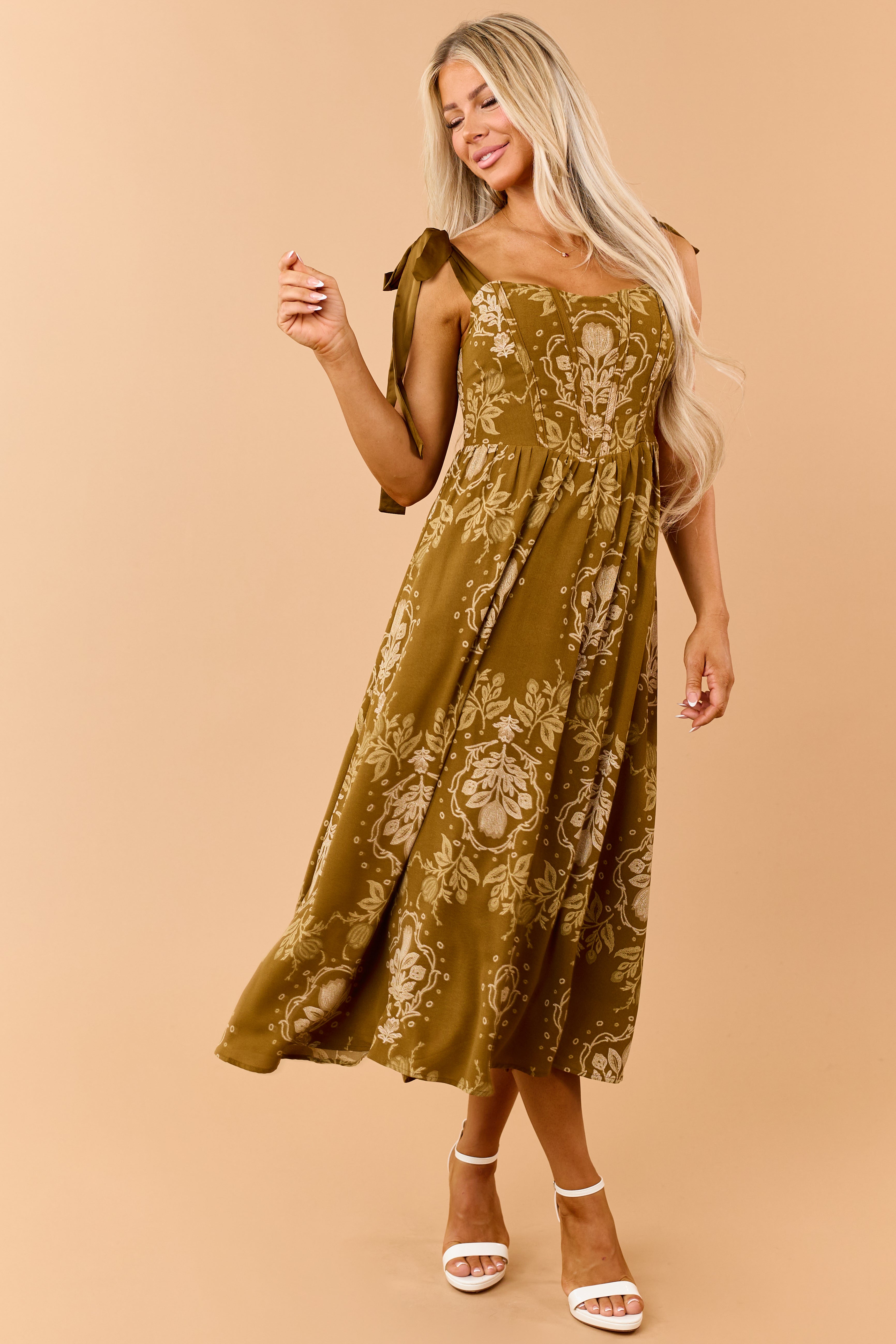 Rich Mocha Medallion Floral Corset Bodice Midi Dress | Lime Lush