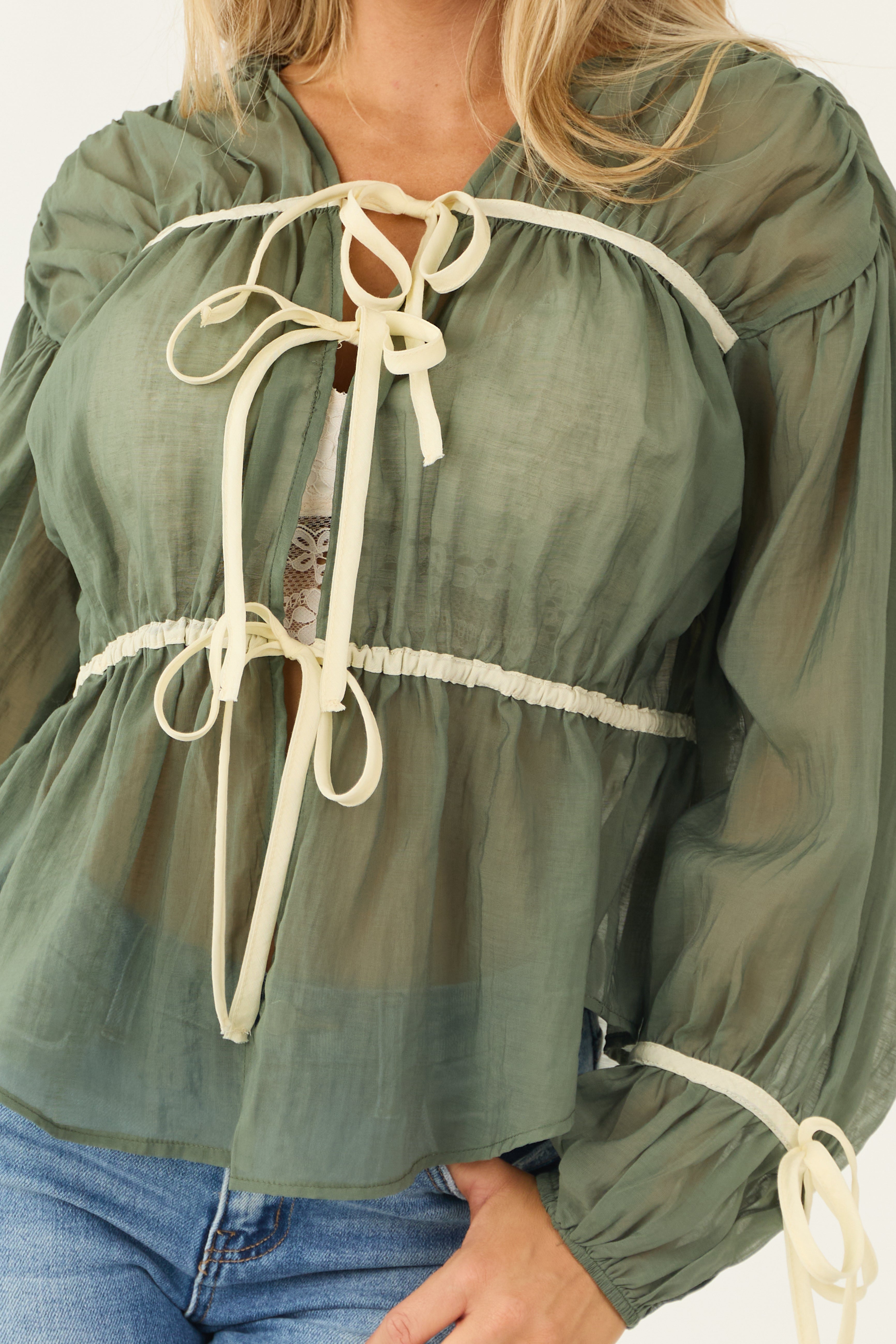 Rich Olive Contrast Tie Front Long Sleeve Blouse