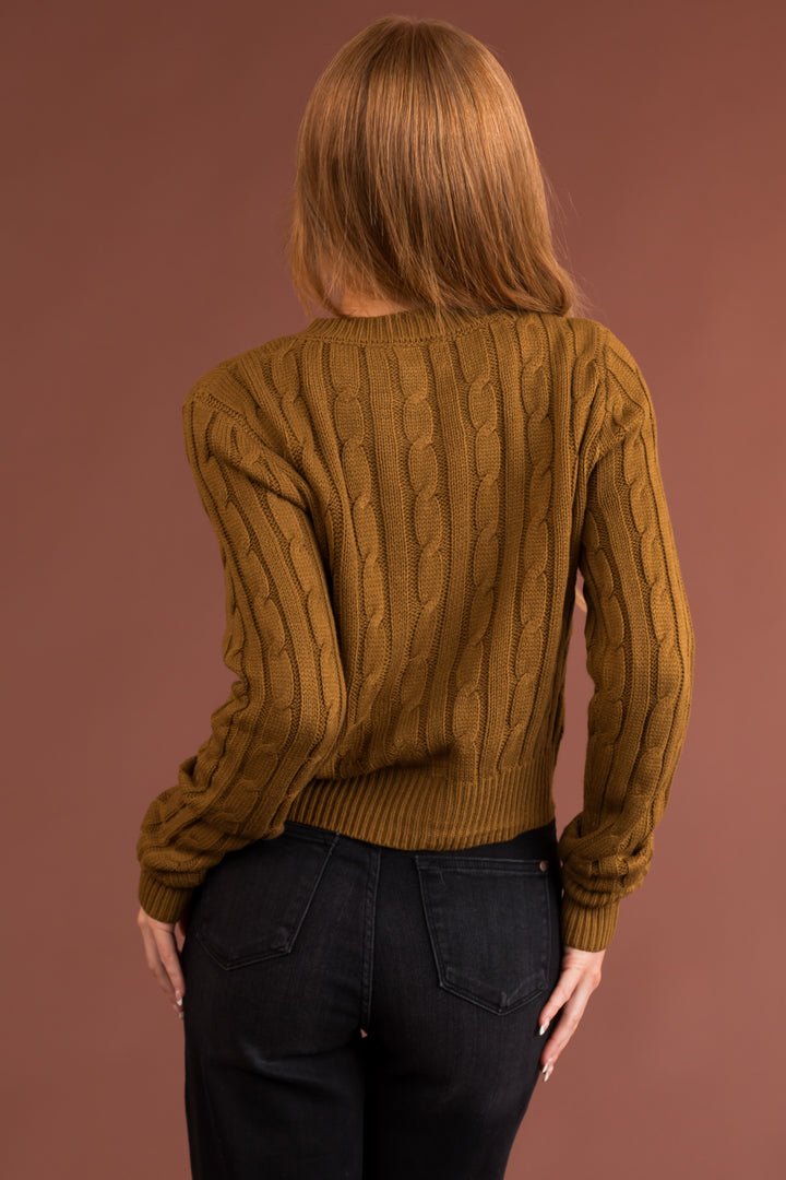 Rich Peanut Cable Knit Cropped Cardigan Sweater