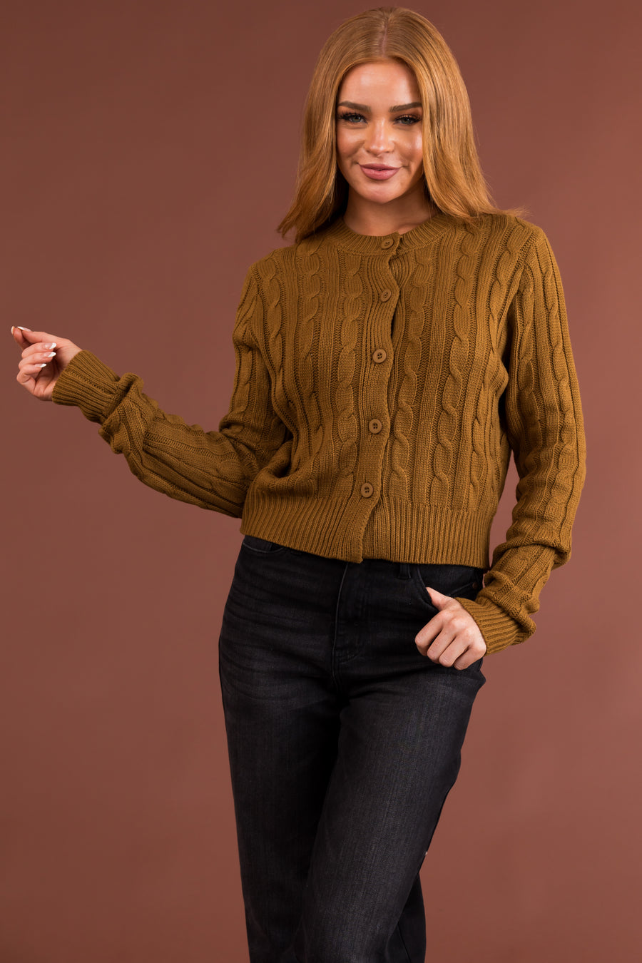 Rich Peanut Cable Knit Cropped Cardigan Sweater