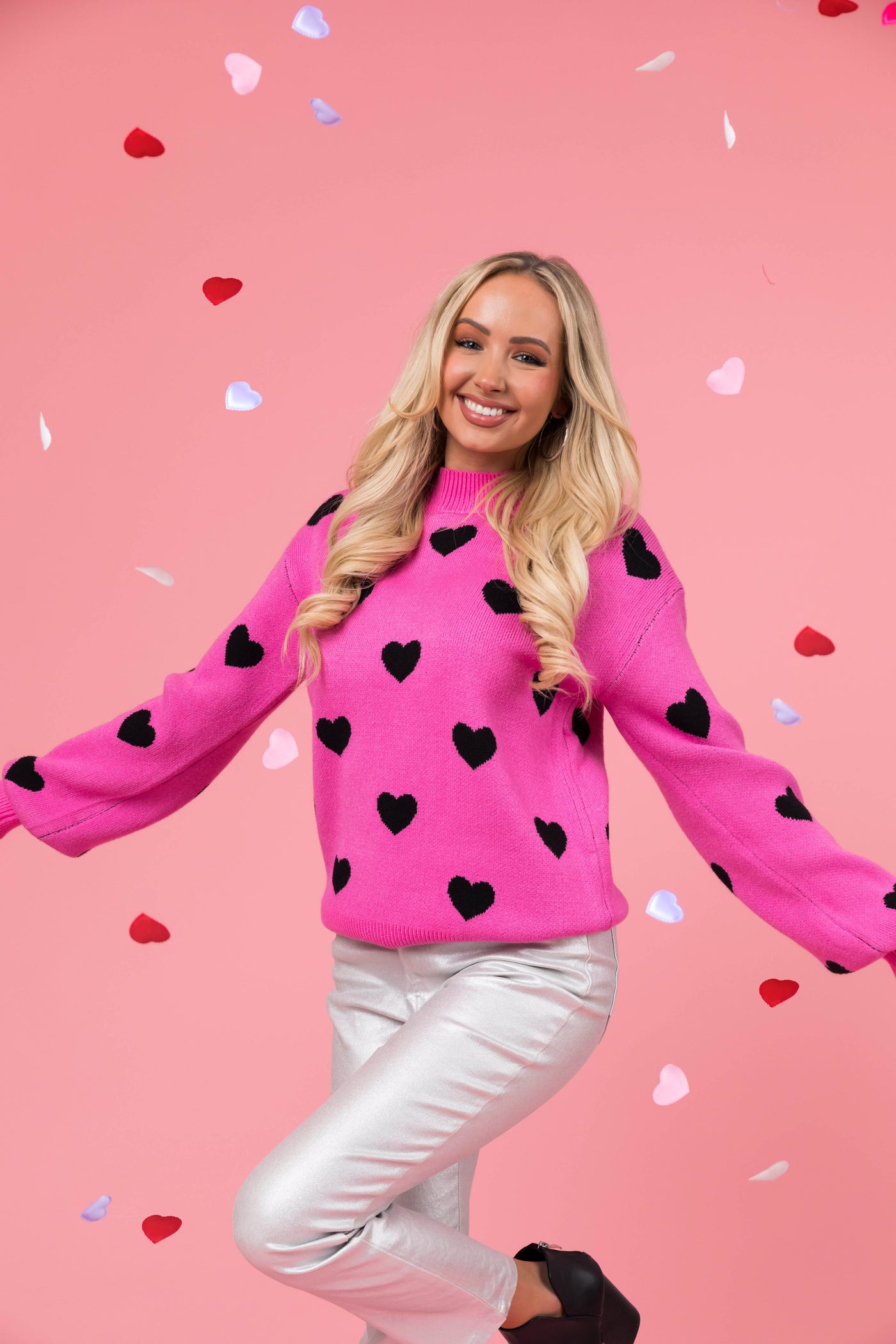 Rich Pink Bubble Sleeve Heart Sweater