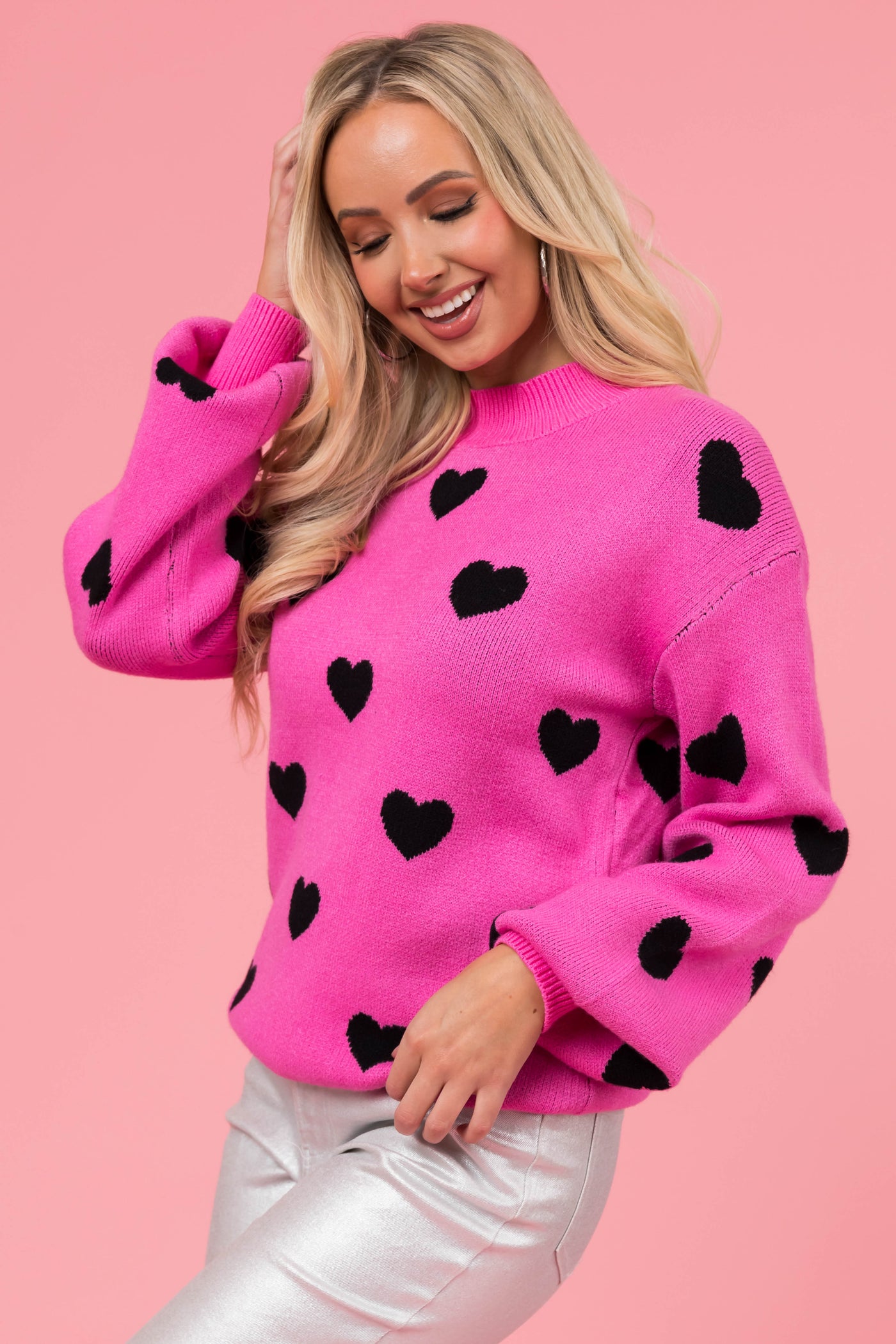 Rich Pink Bubble Sleeve Heart Sweater | Lime Lush