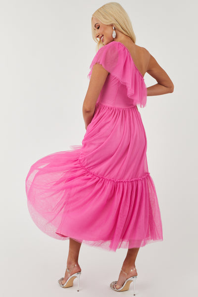 Rich Pink One Shoulder Tiered Tulle Maxi Dress