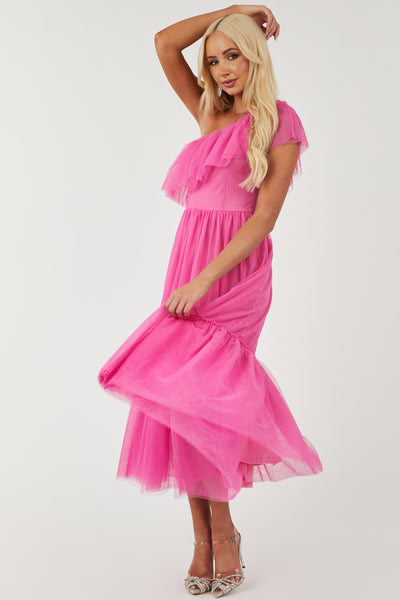Rich Pink One Shoulder Tiered Tulle Maxi Dress