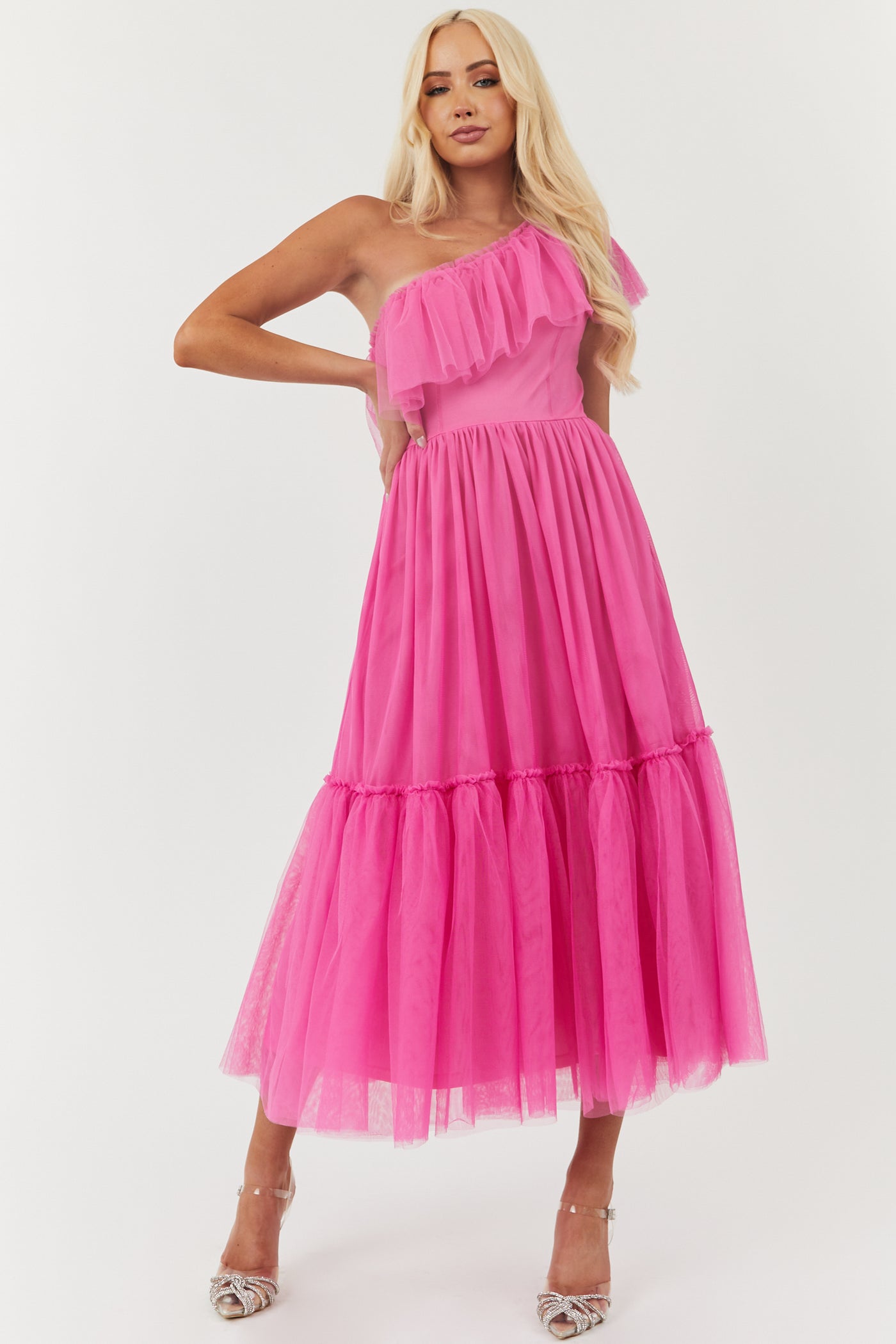 Rich Pink One Shoulder Tiered Tulle Maxi Dress