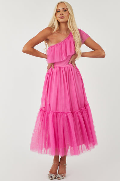 Rich Pink One Shoulder Tiered Tulle Maxi Dress