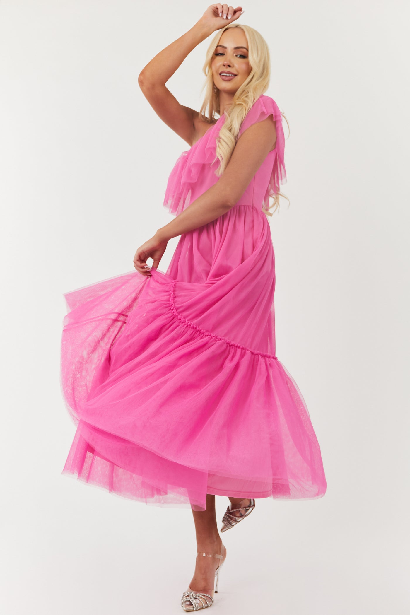 Rich Pink One Shoulder Tiered Tulle Maxi Dress
