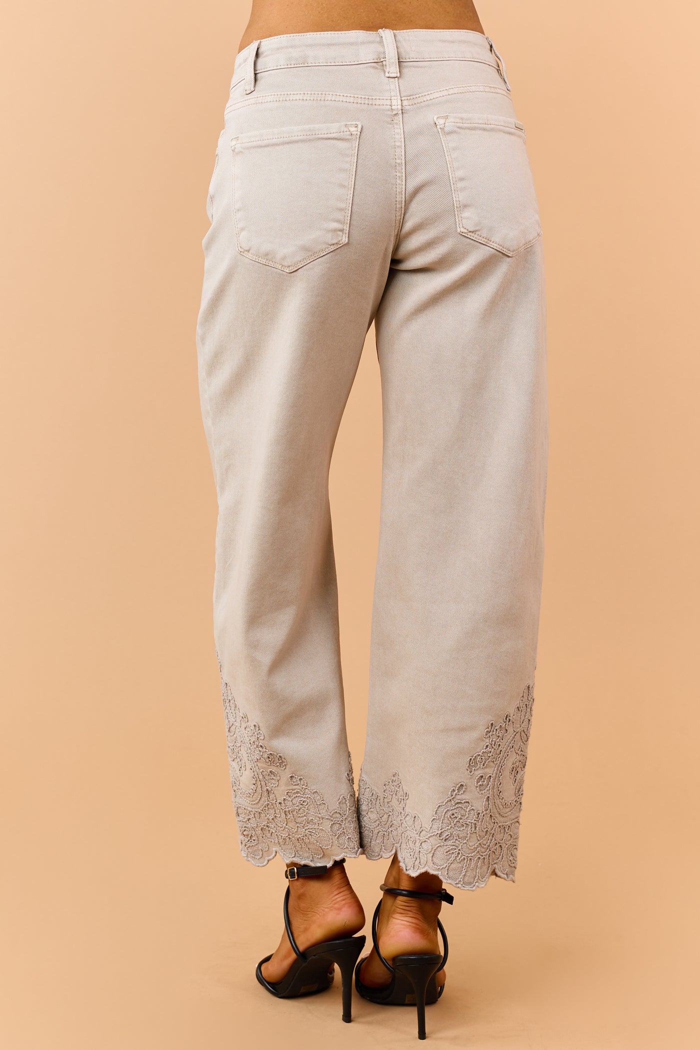 Risen Almond Embroidered Hem Wide Leg Jeans
