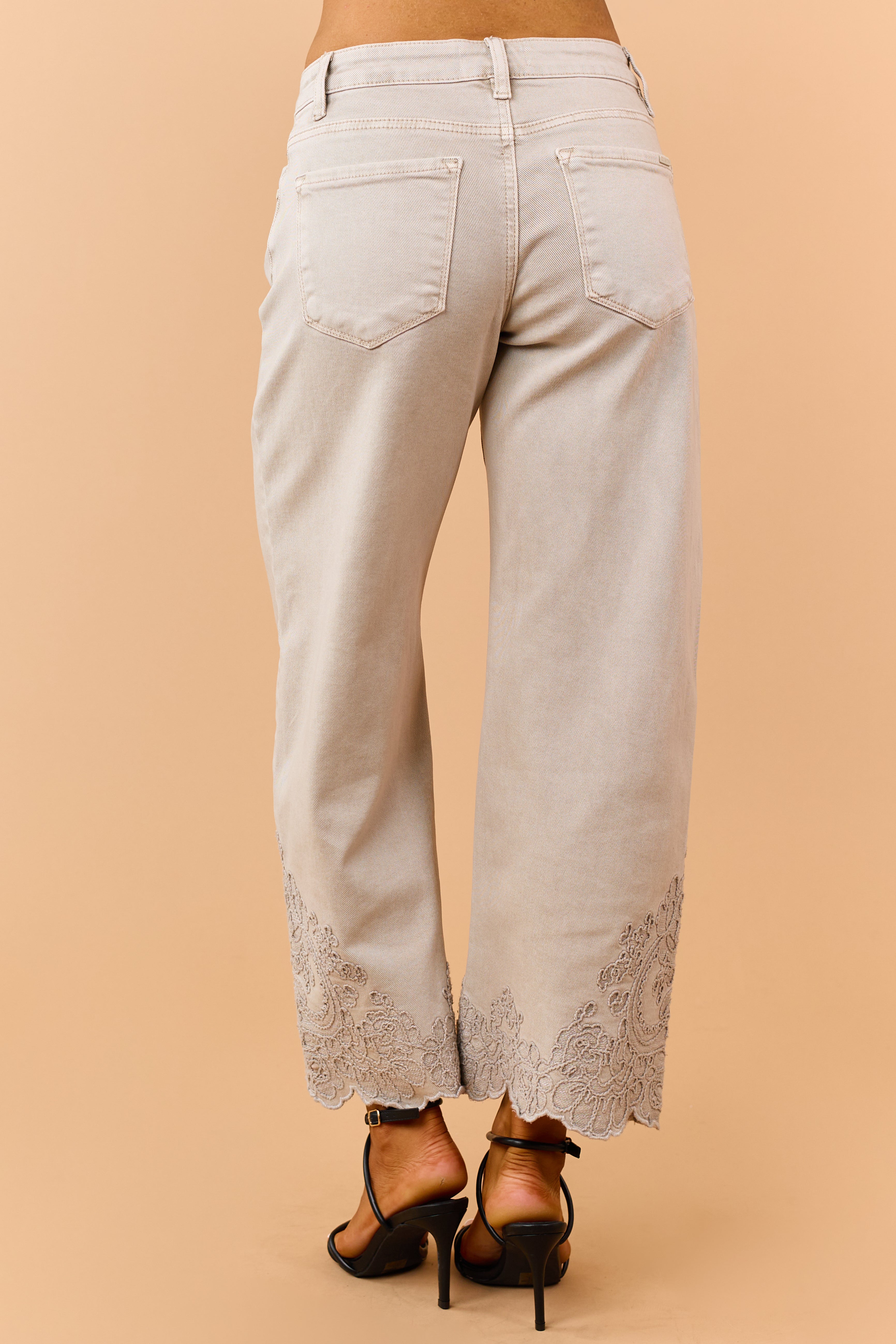 Risen Almond Embroidered Hem Wide Leg Jeans