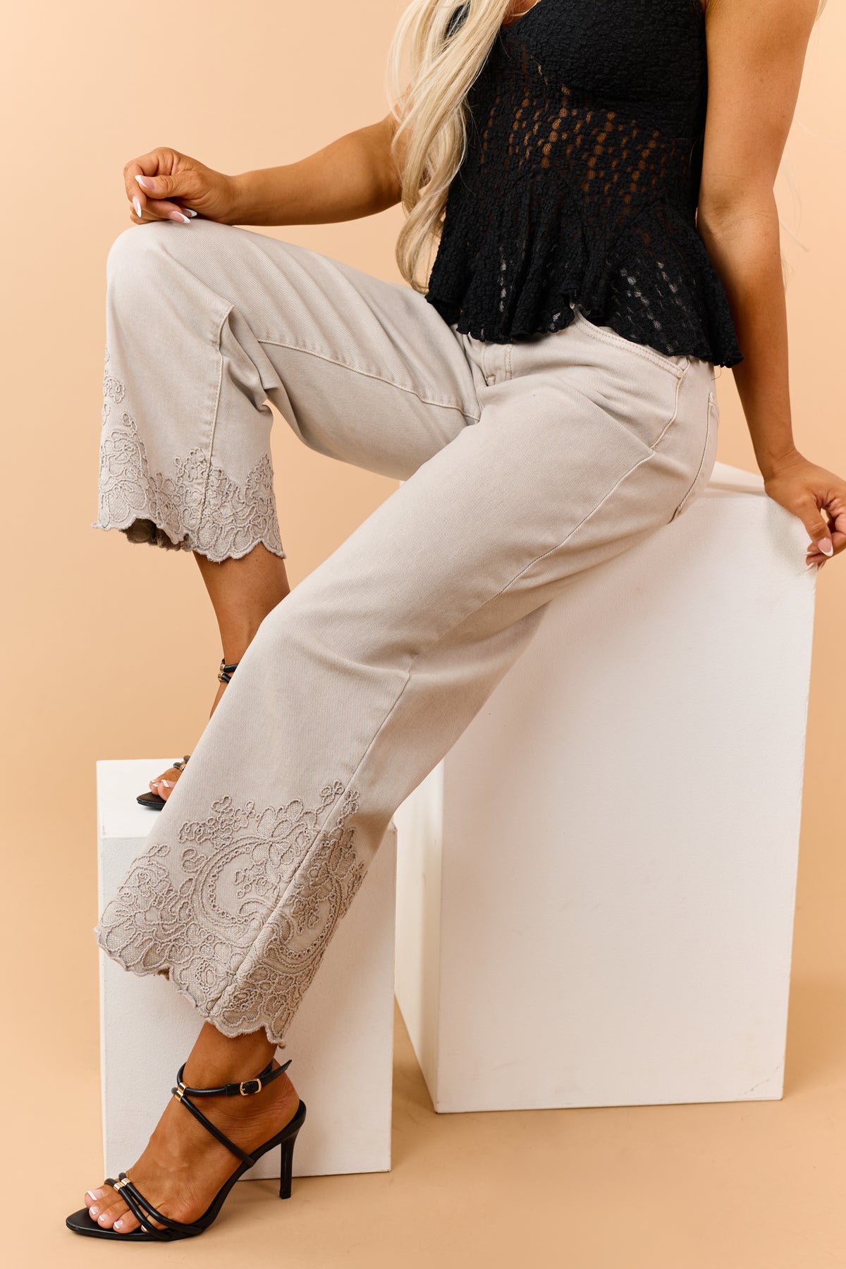 Risen Almond Embroidered Hem Wide Leg Jeans