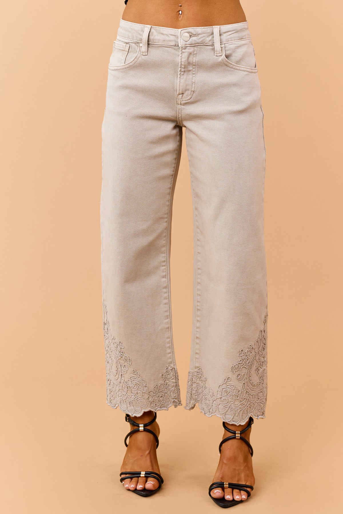 Risen Almond Embroidered Hem Wide Leg Jeans