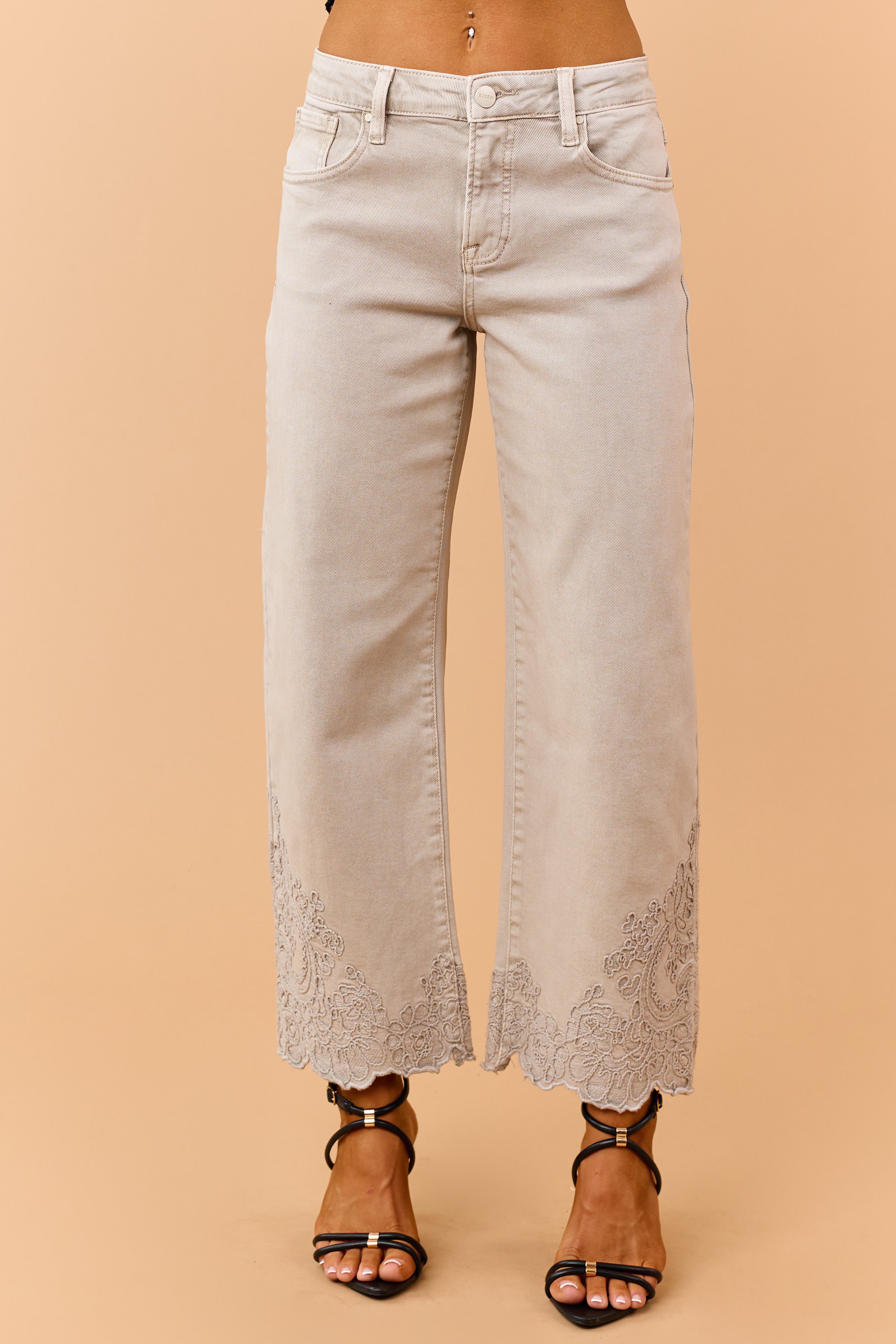 Risen Almond Embroidered Hem Wide Leg Jeans