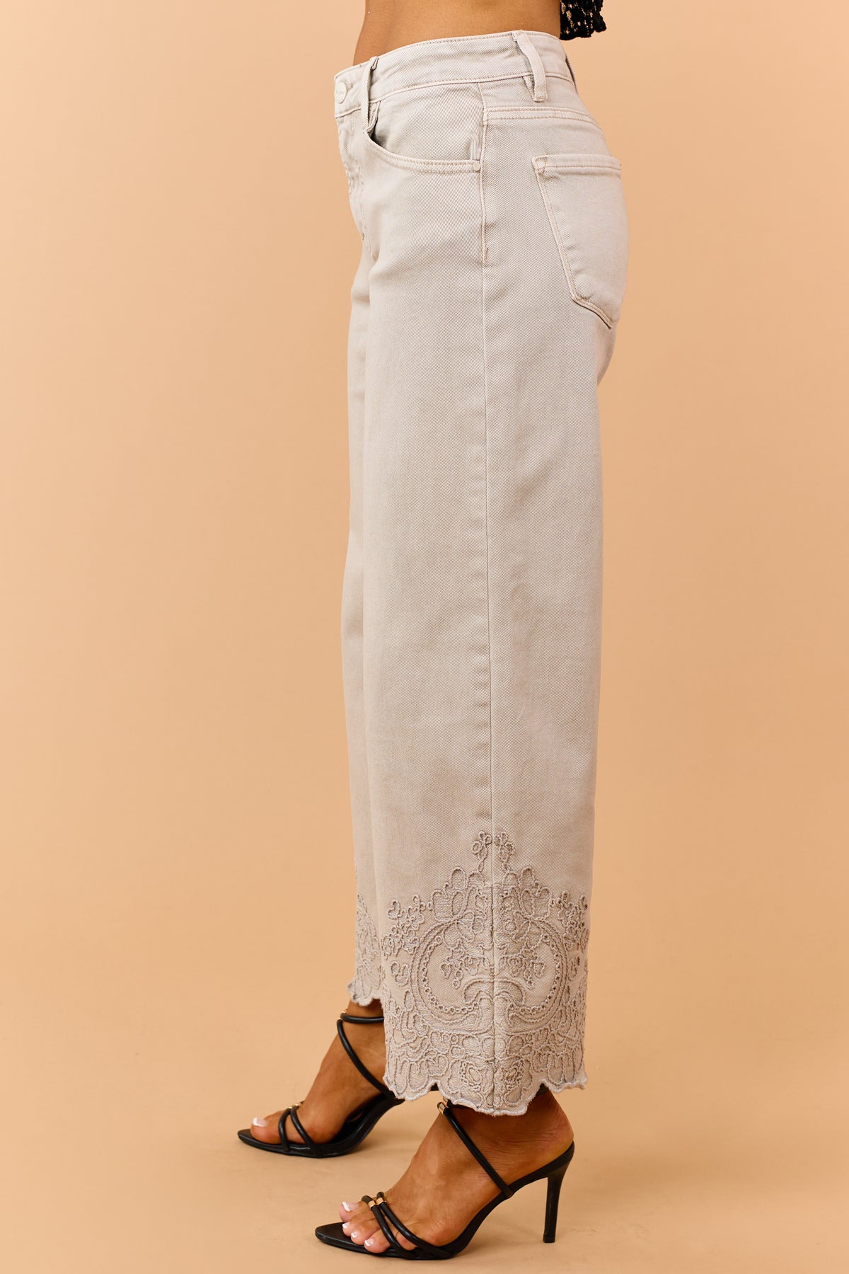 Risen Almond Embroidered Hem Wide Leg Jeans