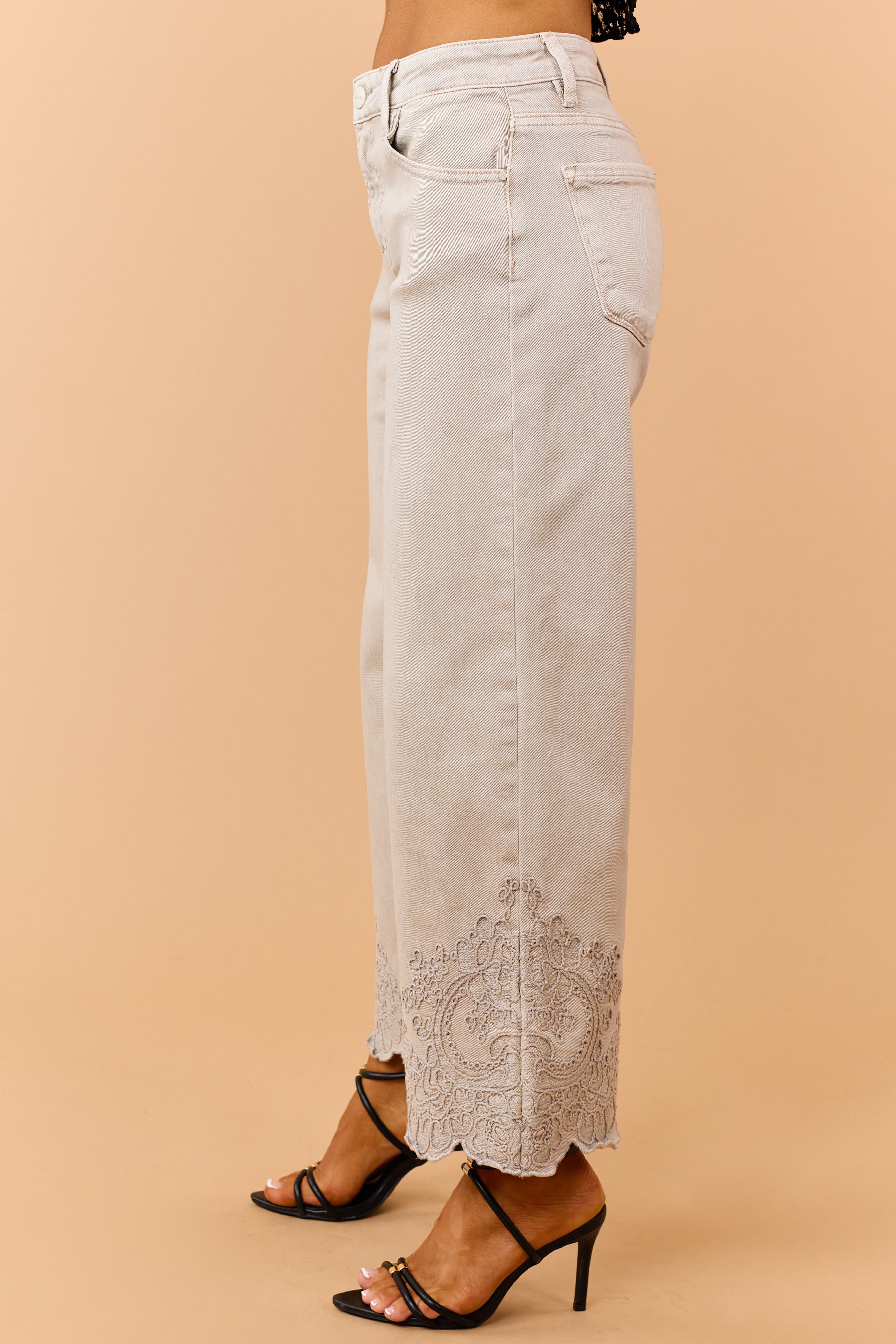 Risen Almond Embroidered Hem Wide Leg Jeans