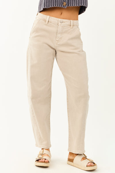 Risen Almond High Rise Cuffed Stretchy Barrel Jeans