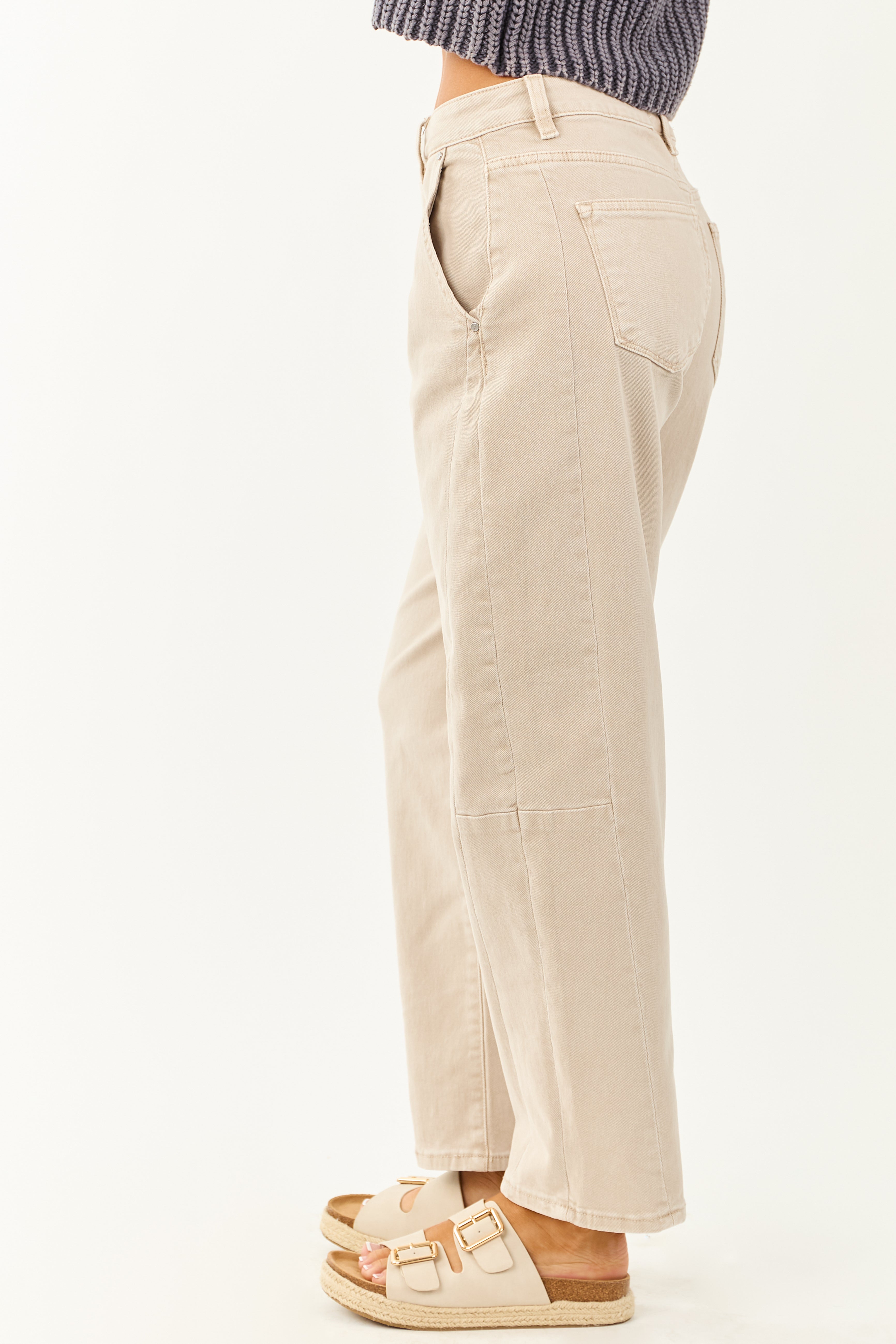 Risen Almond High Rise Cuffed Stretchy Barrel Jeans