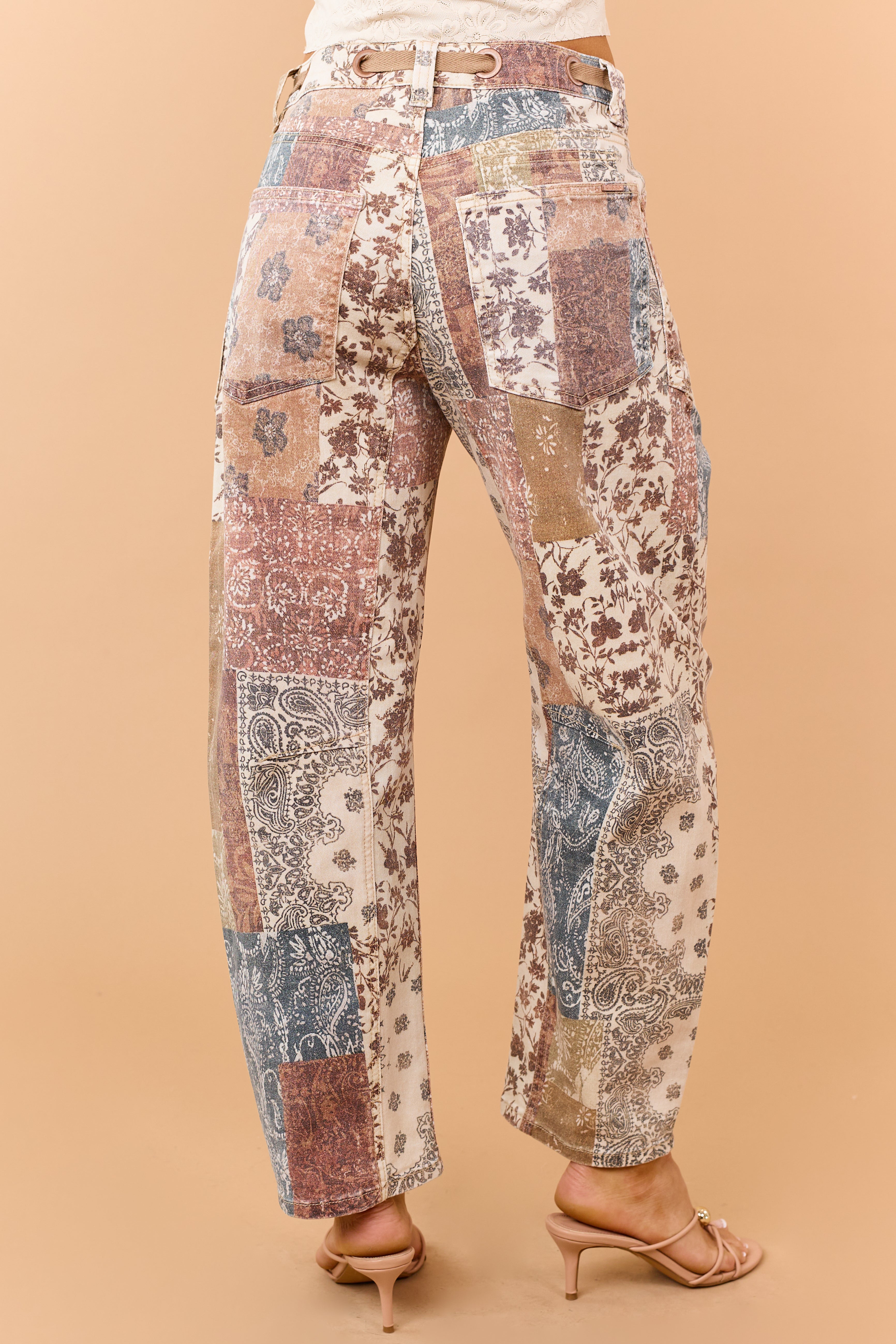 Risen Almond Paisley Patchwork Stretchy Barrel Jeans