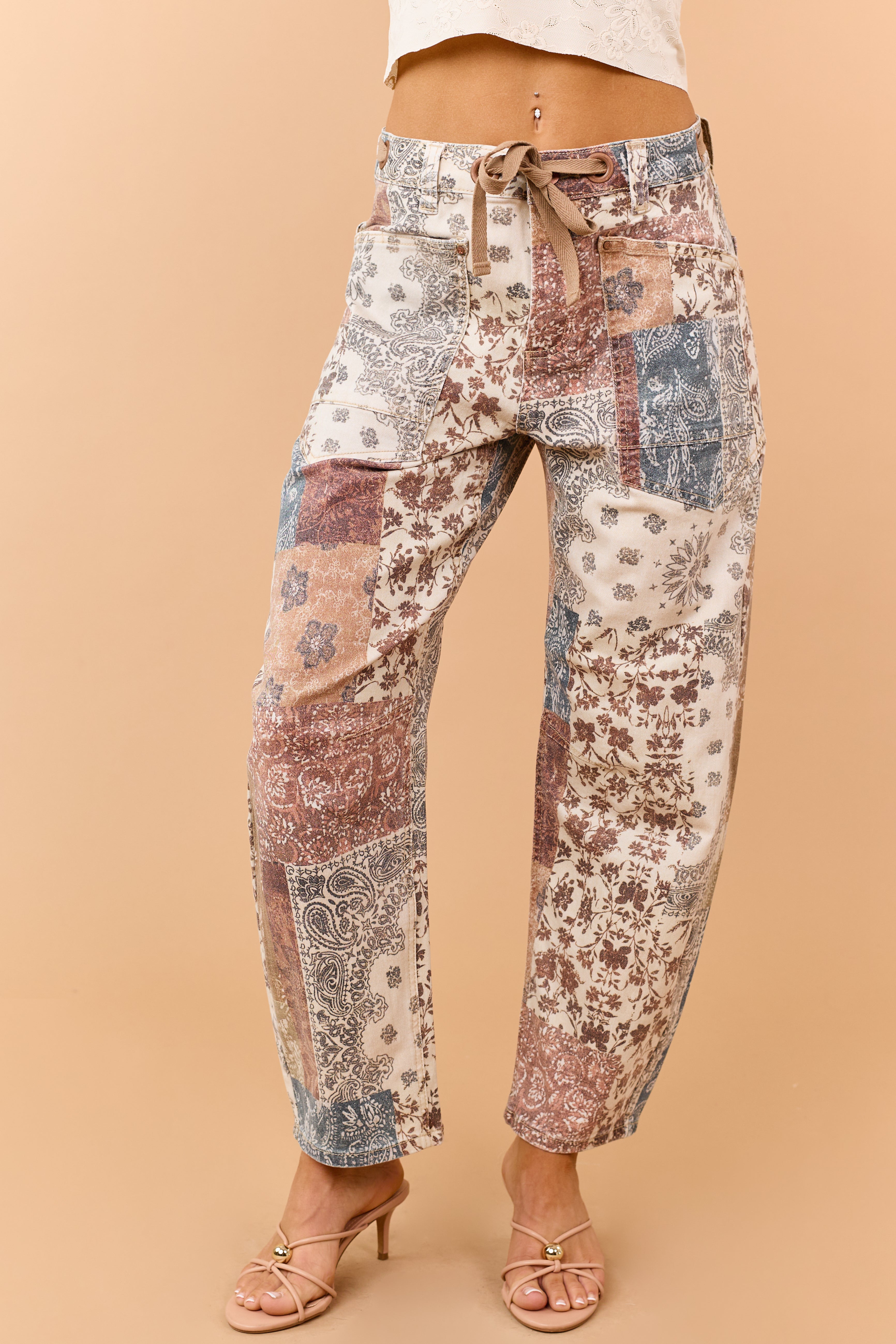 Risen Almond Paisley Patchwork Stretchy Barrel Jeans