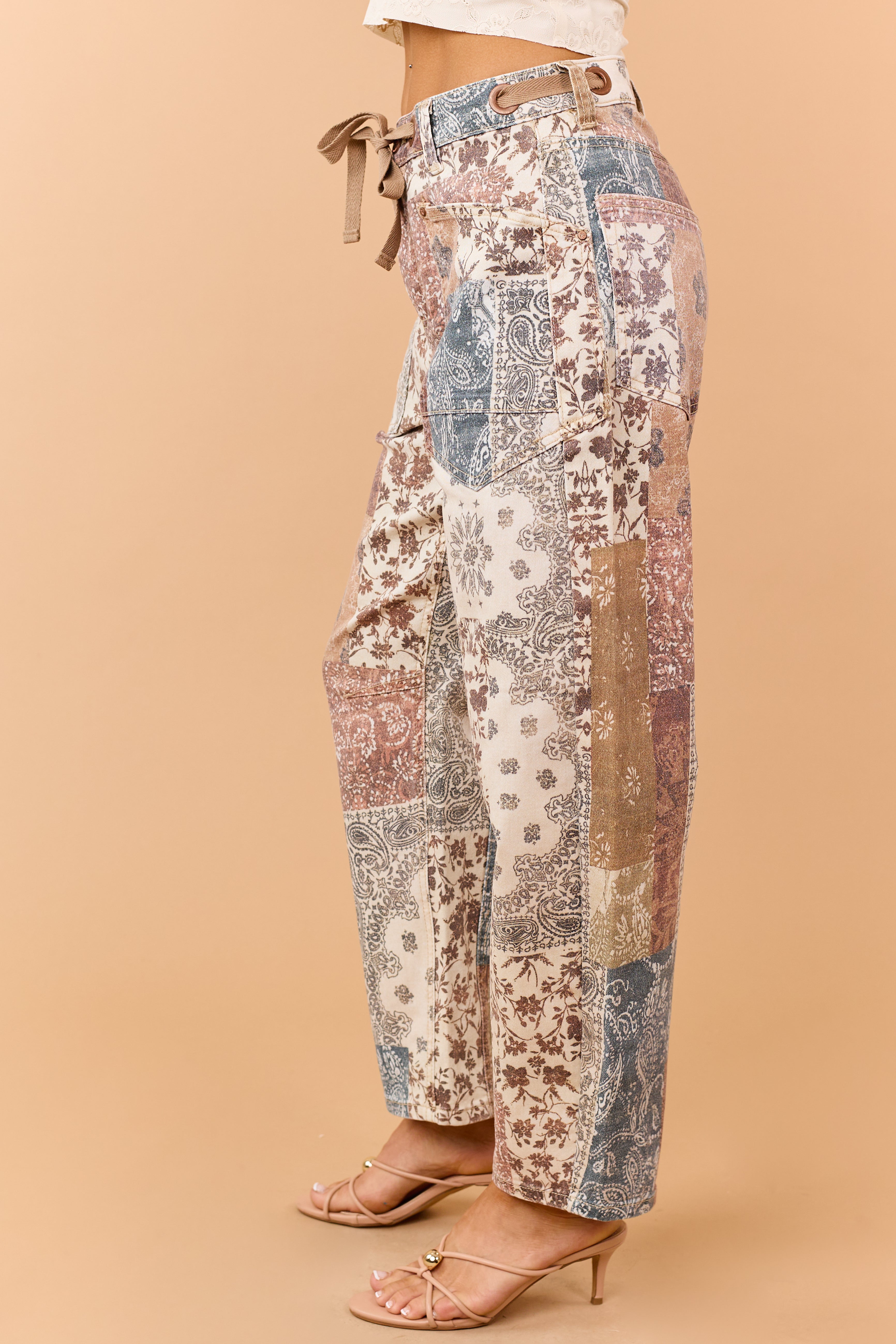 Risen Almond Paisley Patchwork Stretchy Barrel Jeans